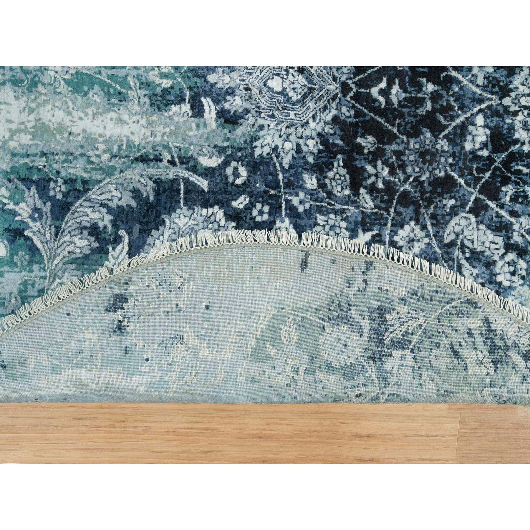 Alfombra redonda anudada a mano de lana y seda azul zafiro borrado zoroastriano 6'x6 Tabriz en venta