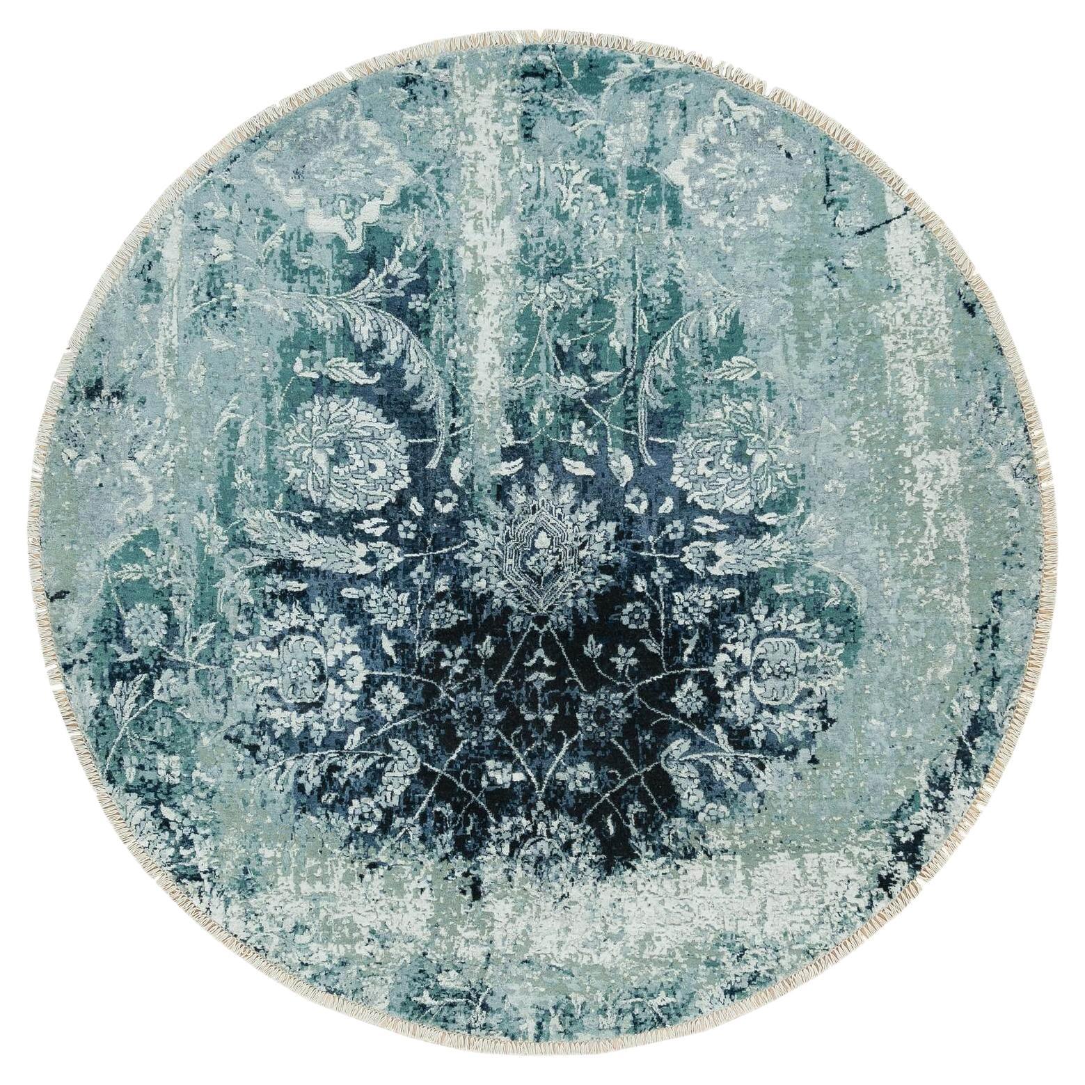 6
x6
Saphirblauer gelöschter zoroastrischer Teppich aus Wolle und Seide, handgeknüpft, rund