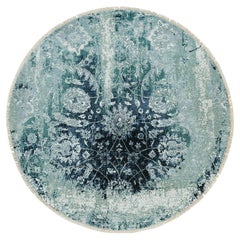 6'x6' Sapphire Blue Erased Zoroastrian Wool and Silk Hand Knotted Round Rug