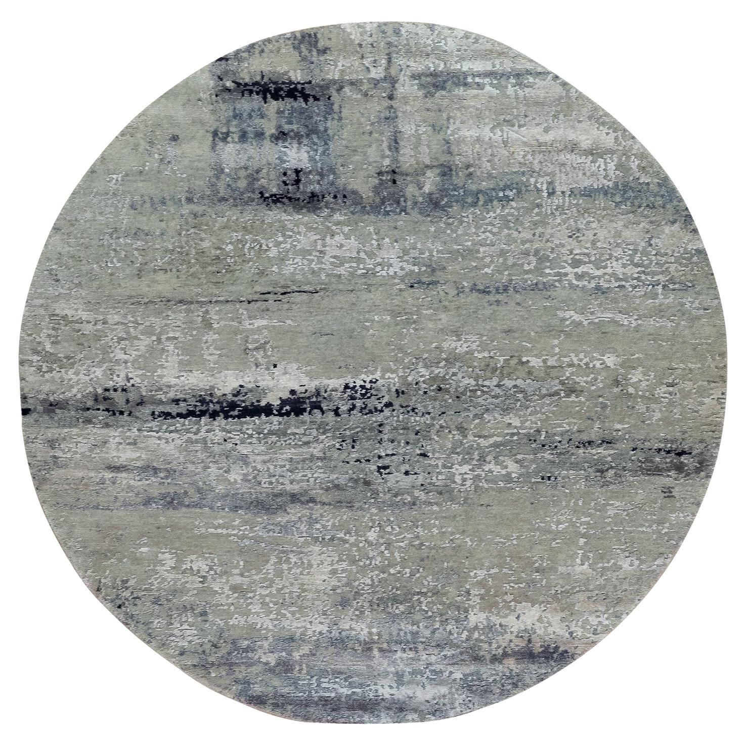 6'x6' Silver Blue Wool & Silk Modern Abstract Design Hand Knotted Rug For Sale