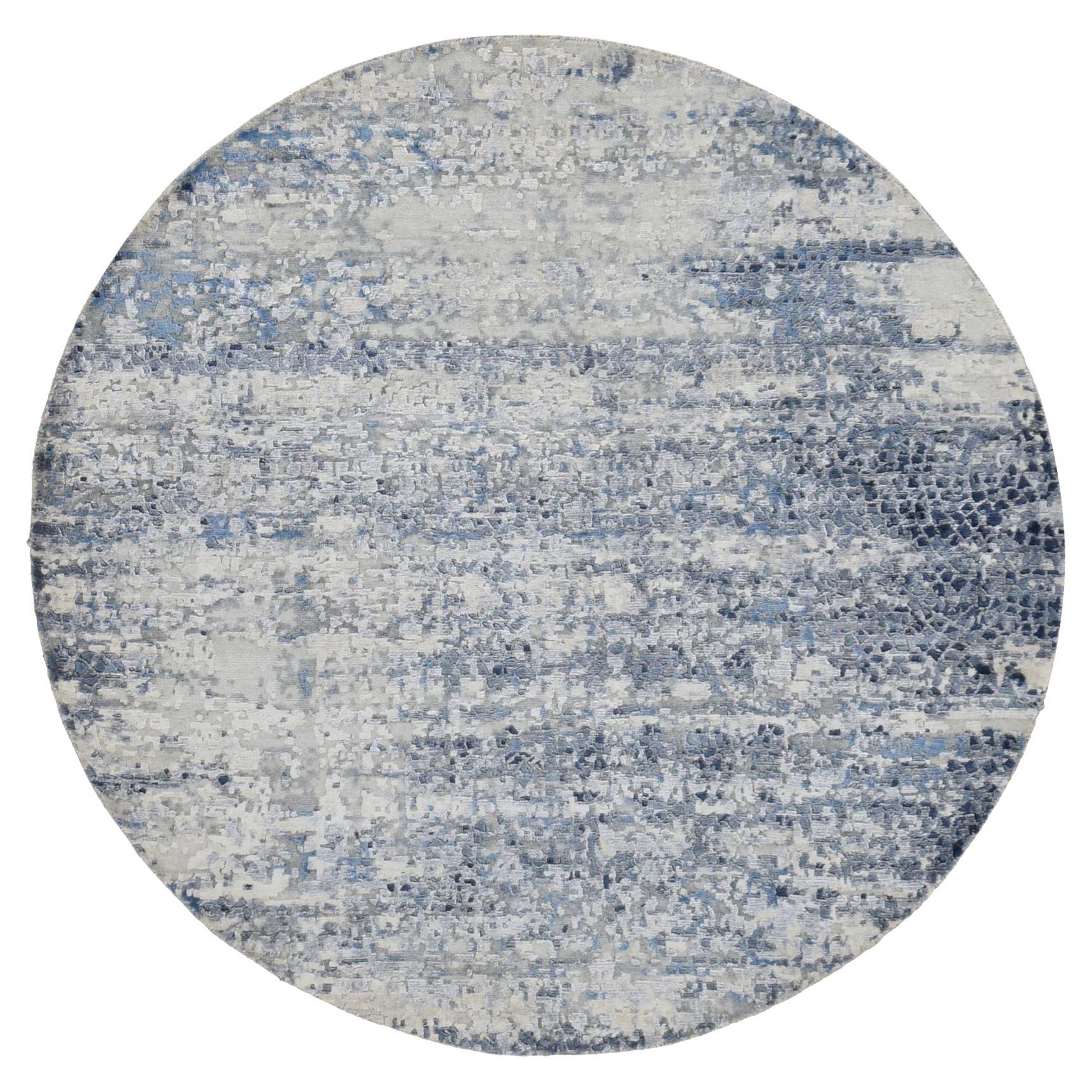 6'x6' Himmelblau, Broken Mosaic Design, Wolle und Seide, Handgeknüpft, Runder Teppich im Angebot