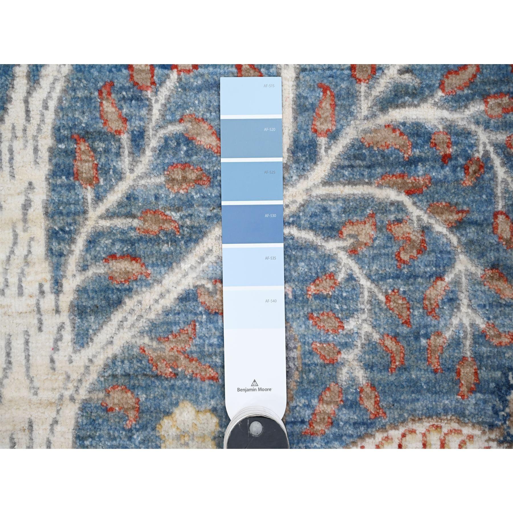 6'x6' Alfombra Redonda Anudada a Mano de Lana Azul Uranio Peshawar Aves del Paraíso Medieval en venta
