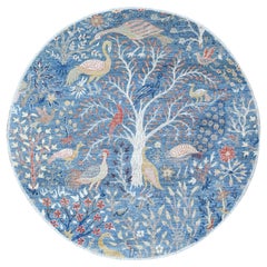 6'x6' Alfombra Redonda Anudada a Mano de Lana Azul Uranio Peshawar Aves del Paraíso