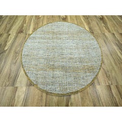6'x6' Yellow Hand Knotted Oxidized & Distressed Grass Design Wool Round Rug