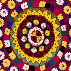 6x6.3 ft Silk Embroidery Table Cover, Suzani Wall Hanging, Vintage Red Tapestry