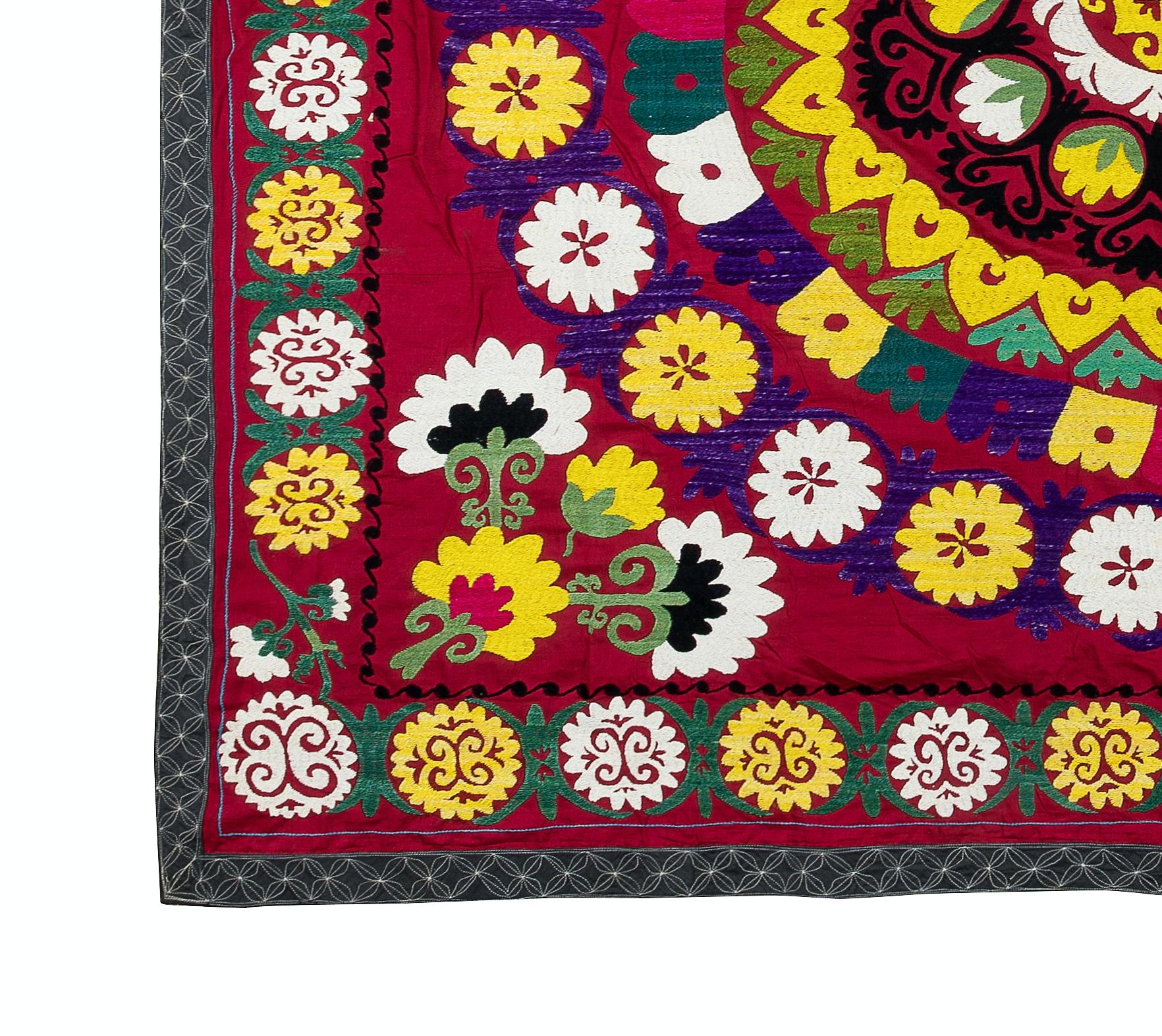 Embroidered 6x6.3 ft Silk Embroidery Table Cover, Suzani Wall Hanging, Vintage Red Tapestry For Sale