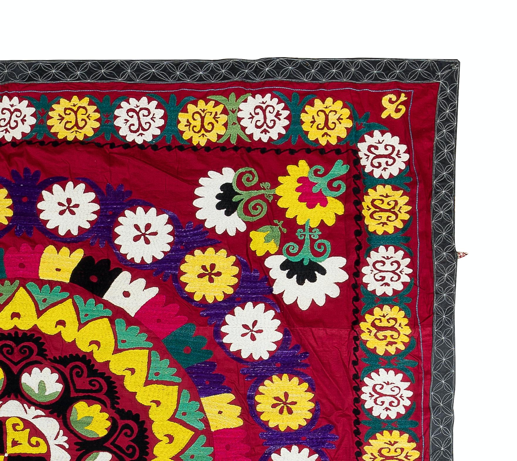 6x6.3 ft Silk Embroidery Table Cover, Suzani Wall Hanging, Vintage Red Tapestry In Good Condition For Sale In Spring Valley, NY