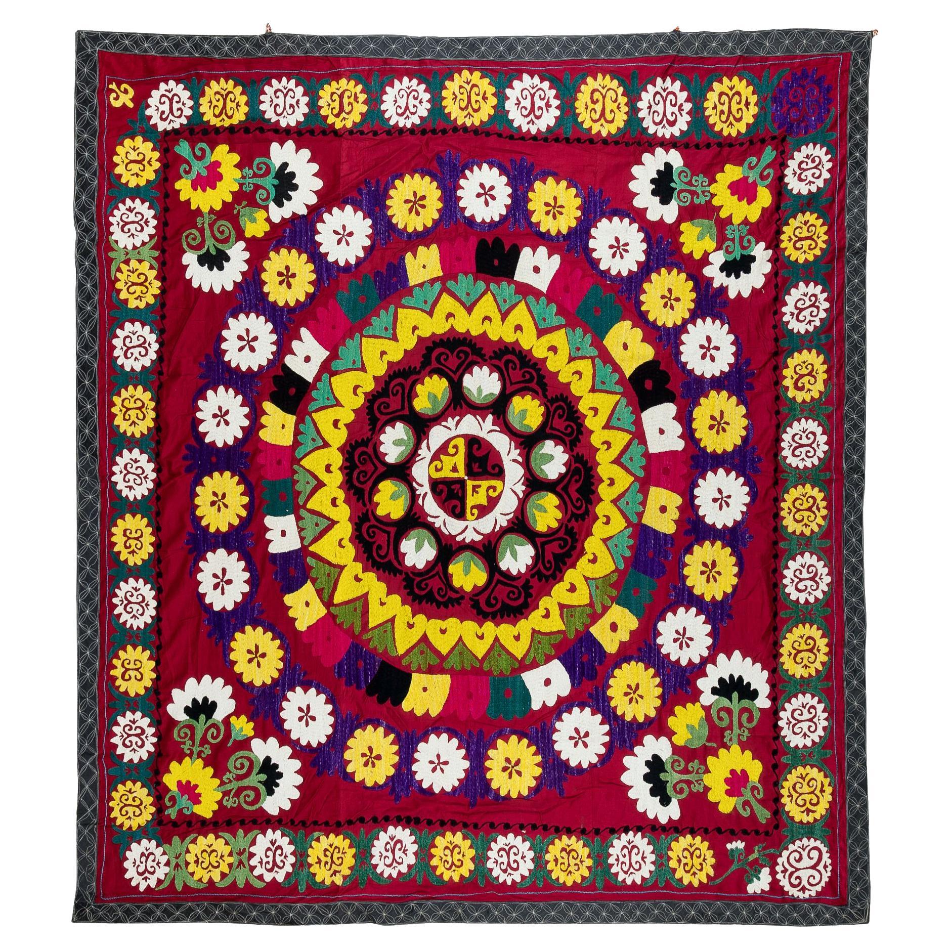 Vintage Silk Embroidery Bed Cover, Central Asian Suzani Wall Hanging For Sale at 1stDibs