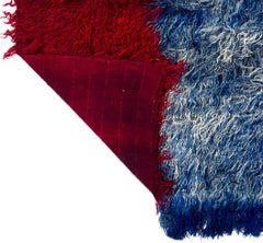 6.3x6.1 Ft Vintage Handmade Angora Mohair "Tulu" Shag Pile Rug in Red, Blue