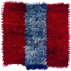 6.3x6.1 Ft Vintage Handmade Angora Mohair "Tulu" Shag Pile Rug in Red, Blue