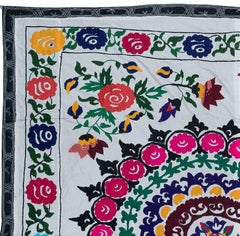 6x6.8 ft Handmade Vintage Suzani Cotton Bedspread, Decorative Wall Hanging