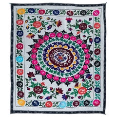 6x6.8 ft Handmade Vintage Suzani Cotton Bedspread, Decorative Wall Hanging