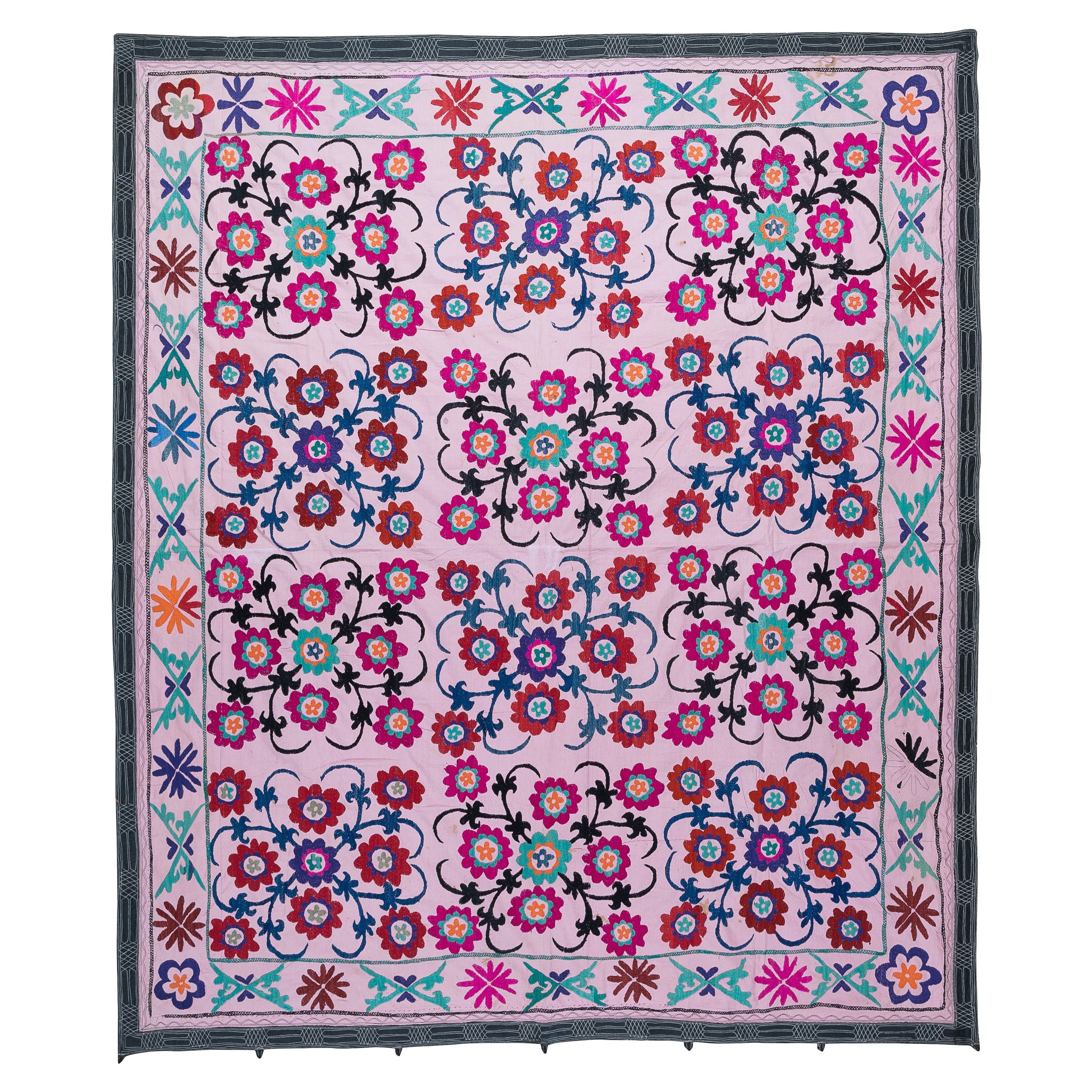 6x6.9 ft Mid-Century Embroidered Wall Hanging, Bedspread. Cotton Pink Tablecloth