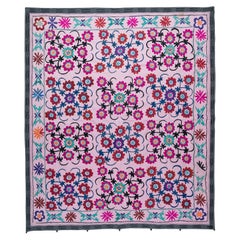 Vintage 6x6.9 ft Mid-Century Embroidered Wall Hanging, Bedspread. Cotton Pink Tablecloth