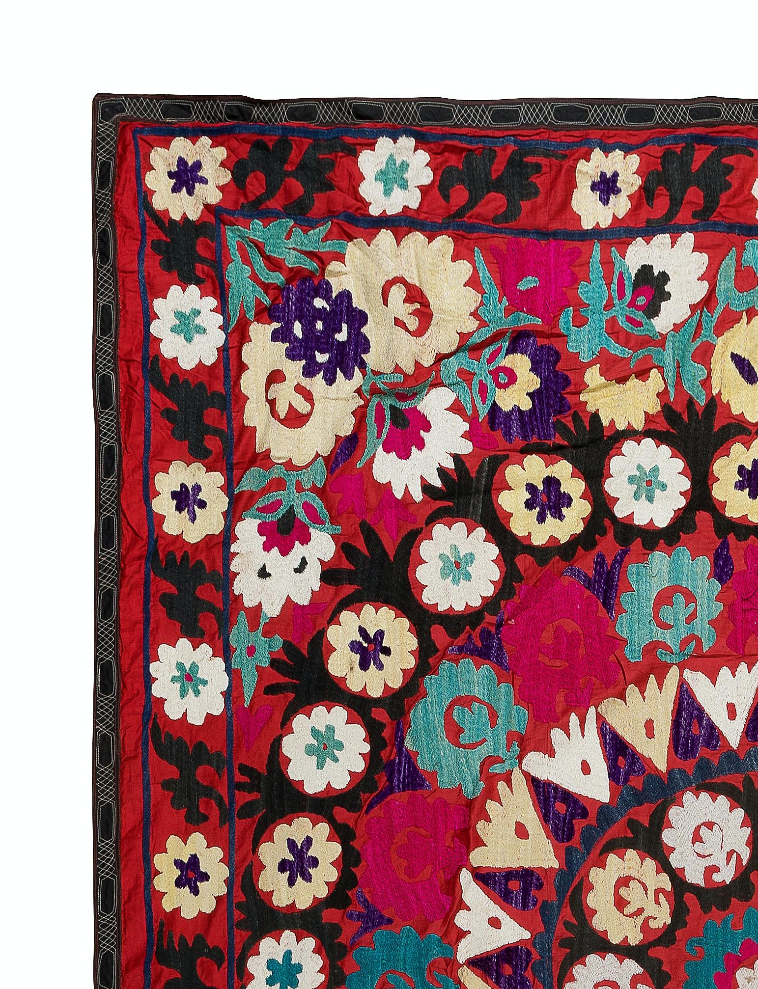Suzani, a Central Asian term for a specific type of needlework, is also the broader name for the hugely popular decorative pieces of textile that feature this needlework in vivid colors with bold, expressive floral and botanical designs, natural