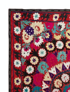 6x7 Ft Vintage Silk Embroidery Bed Cover, Suzani Wall Hanging, Red Tablecloth