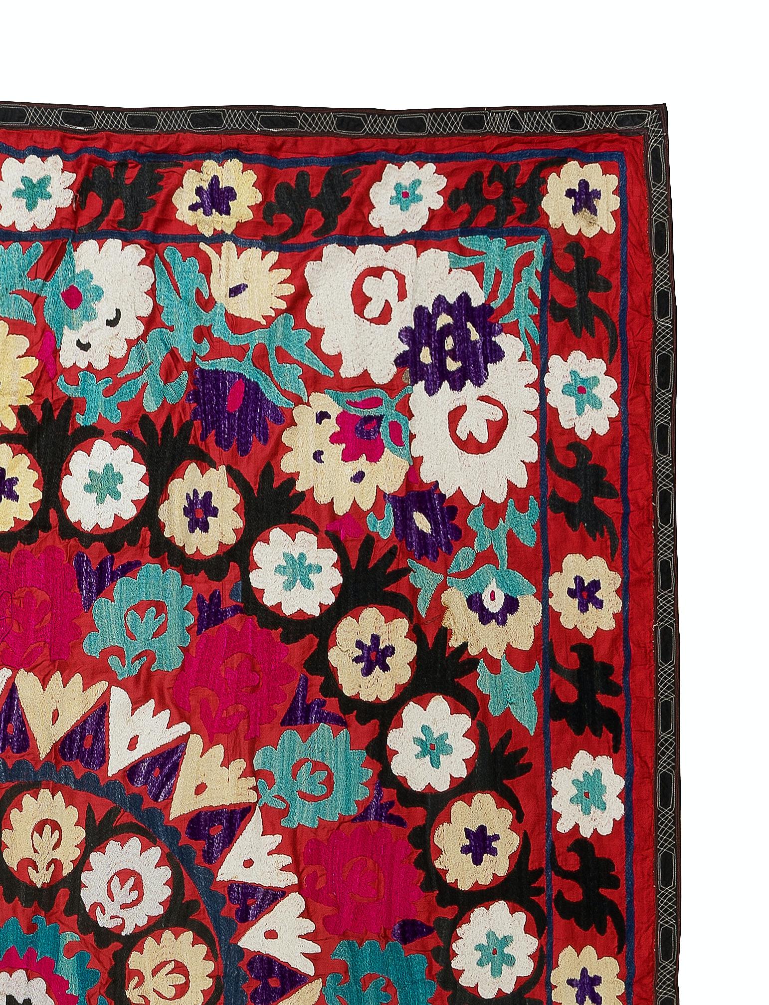 Uzbek 6x7 Ft Vintage Silk Embroidery Bed Cover, Suzani Wall Hanging, Red Tablecloth For Sale