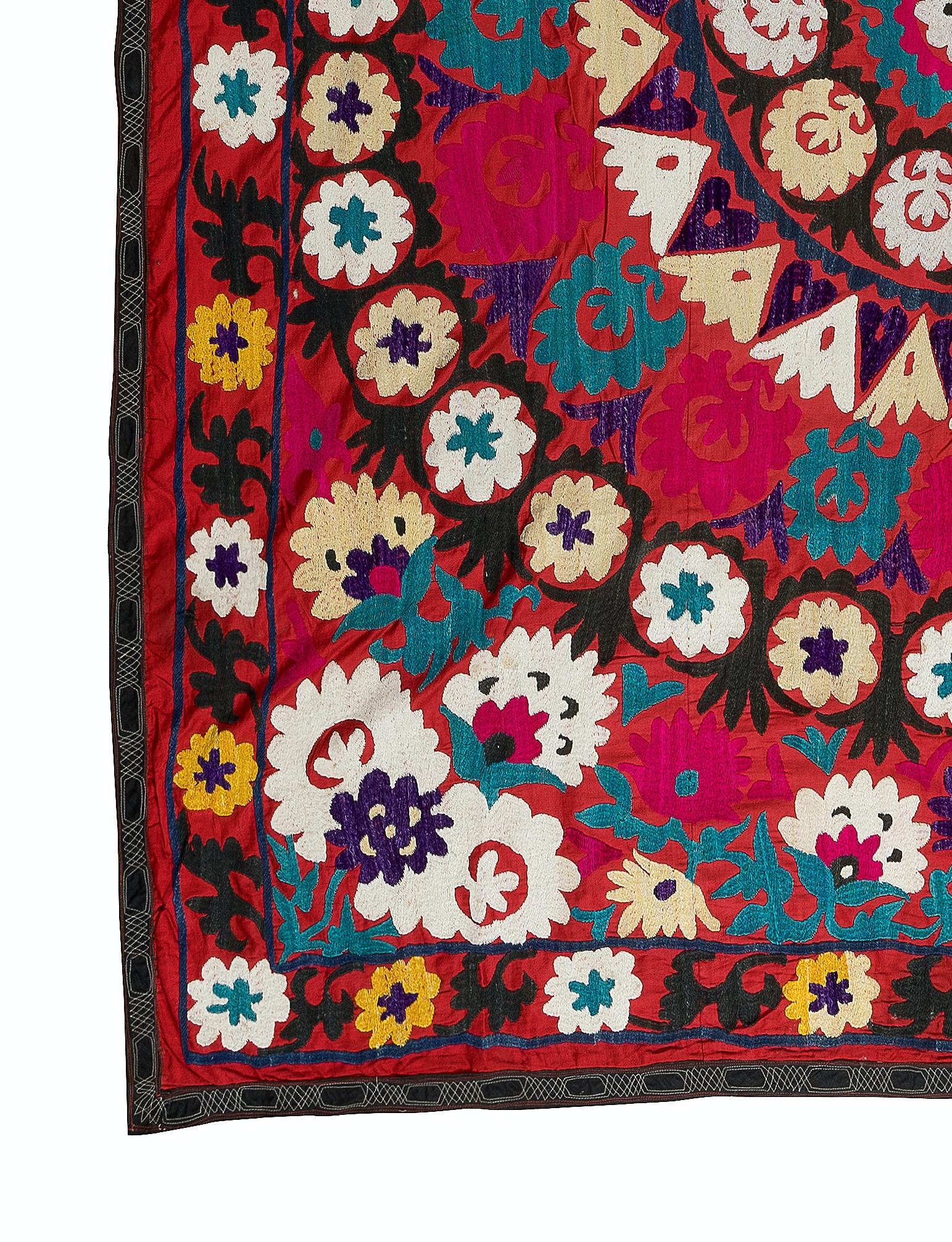 Embroidered 6x7 Ft Vintage Silk Embroidery Bed Cover, Suzani Wall Hanging, Red Tablecloth For Sale