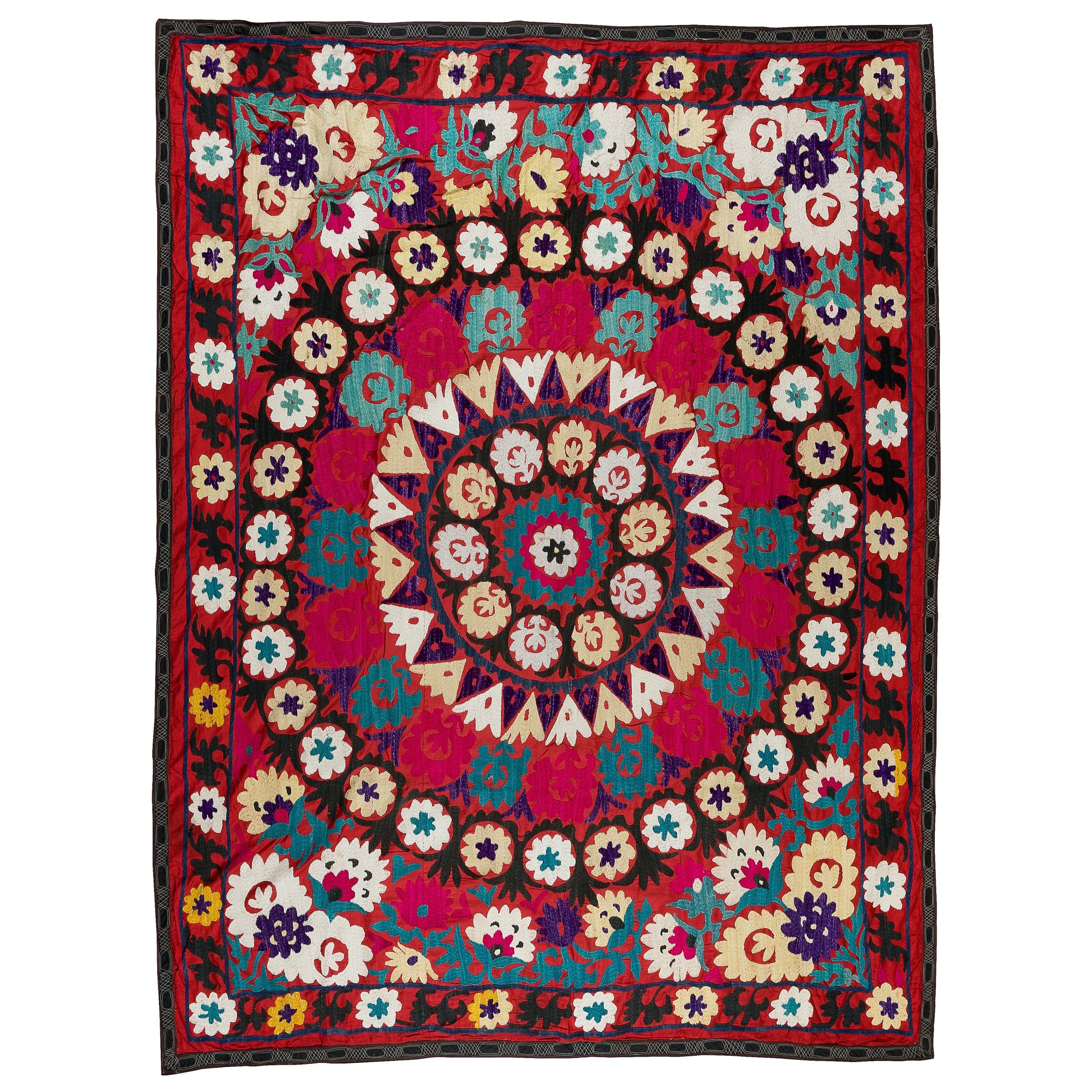 Copriletto con ricamo in seta vintage 6x7 Ft, appendiabiti da parete Suzani, tovaglia rossa