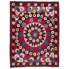 6x7 Ft Vintage Silk Embroidery Bed Cover, Suzani Wall Hanging, Red Tablecloth