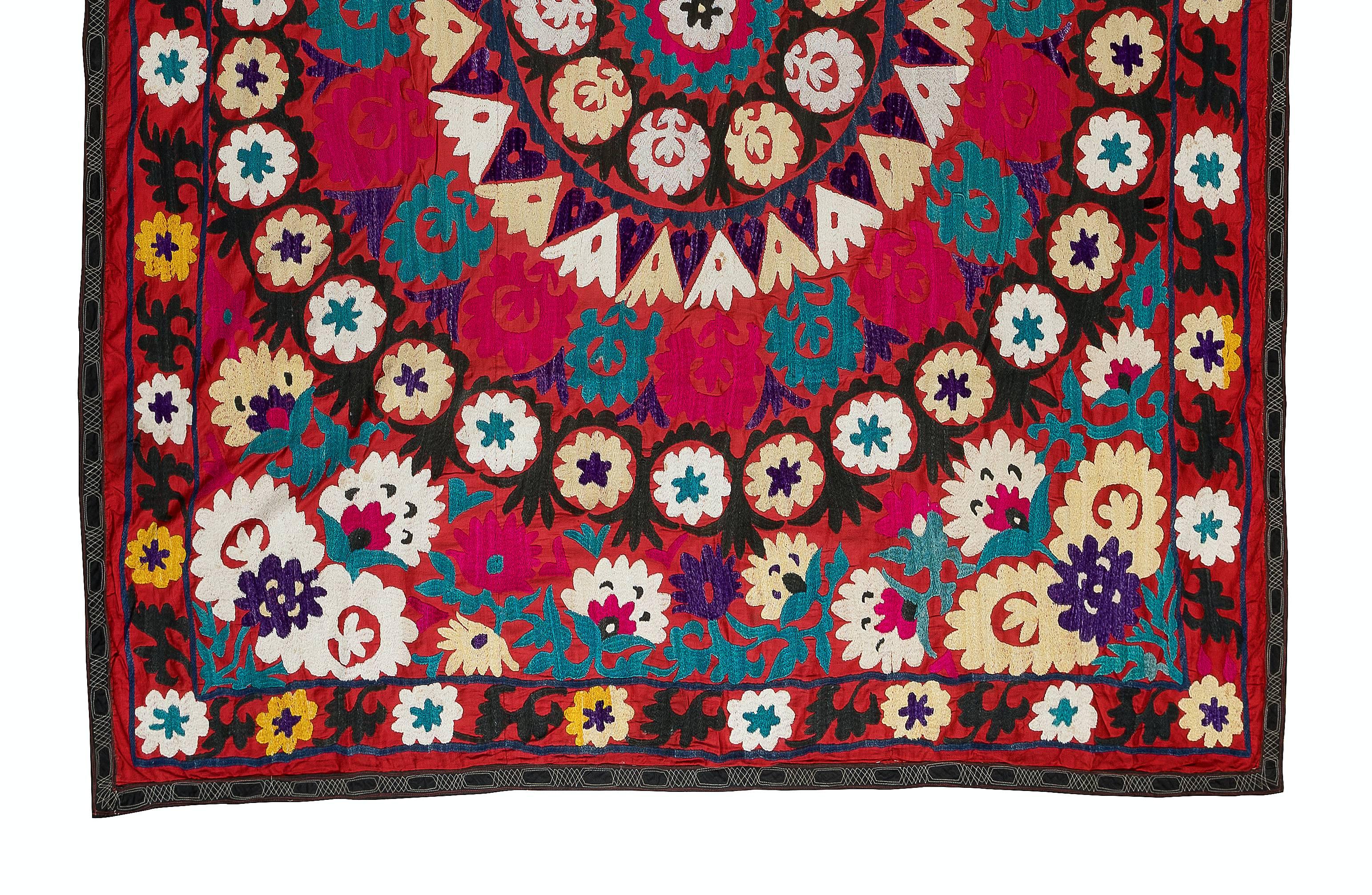 Uzbek 6x7 Ft Vintage Silk Embroidery Bed Cover, Suzani Wall Hanging, Red Tablecloth For Sale