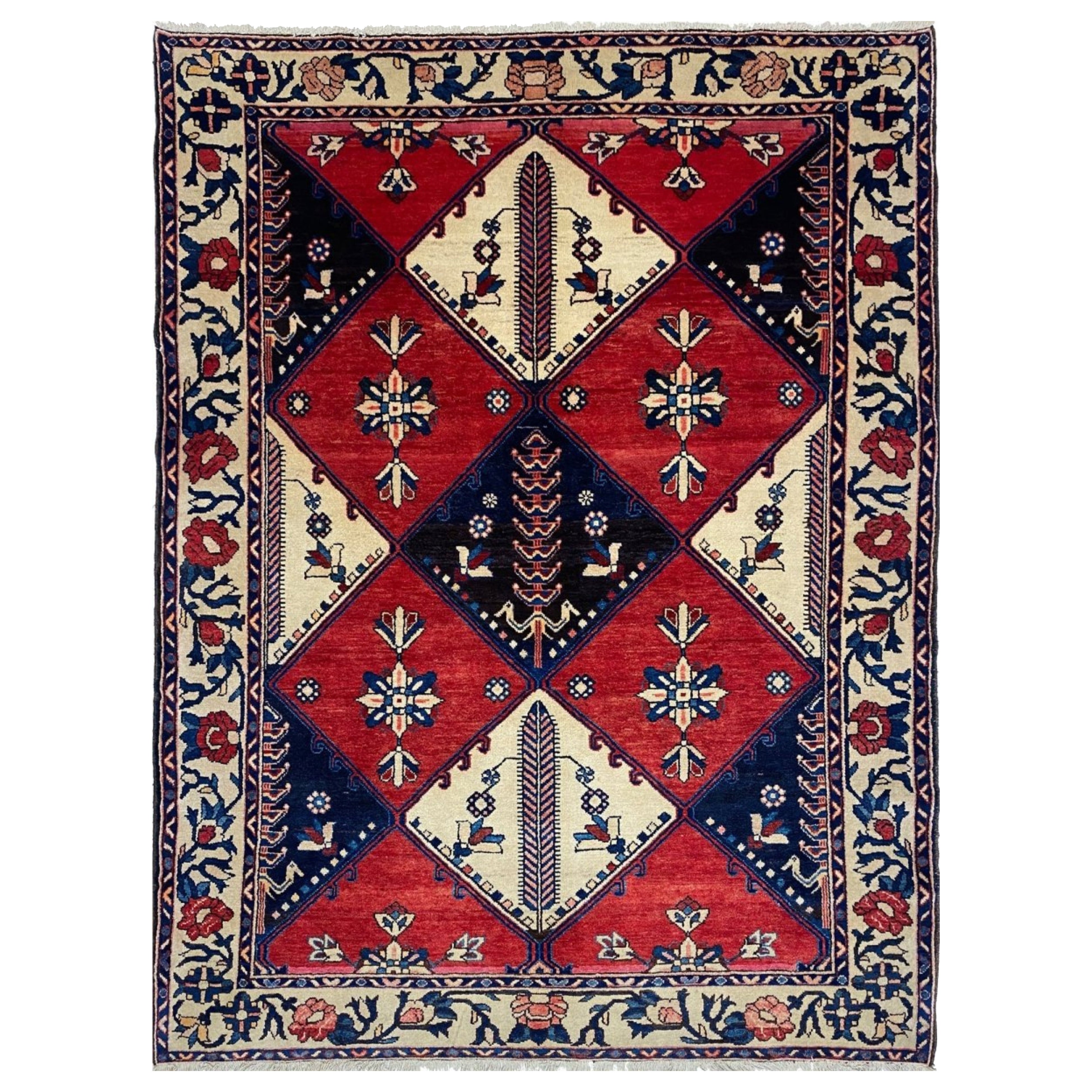 Tappeto per l
area di Bakhtiari vecchio annodato a mano 6x7 - Disegno tribale geometrico