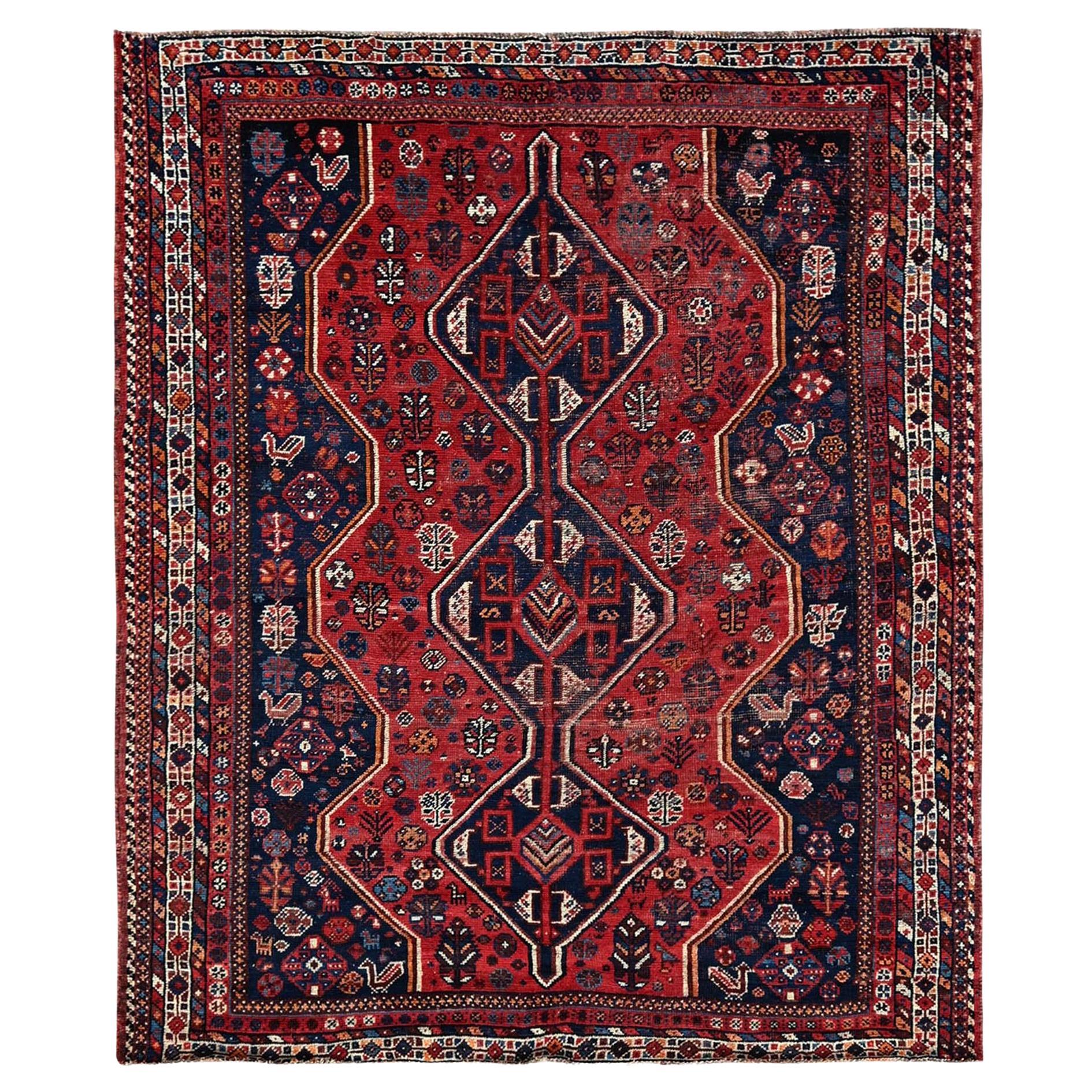 6'x7' Rubinroter persischer Qashqai-Teppich aus reiner Wolle, handgeknüpft, Vintage