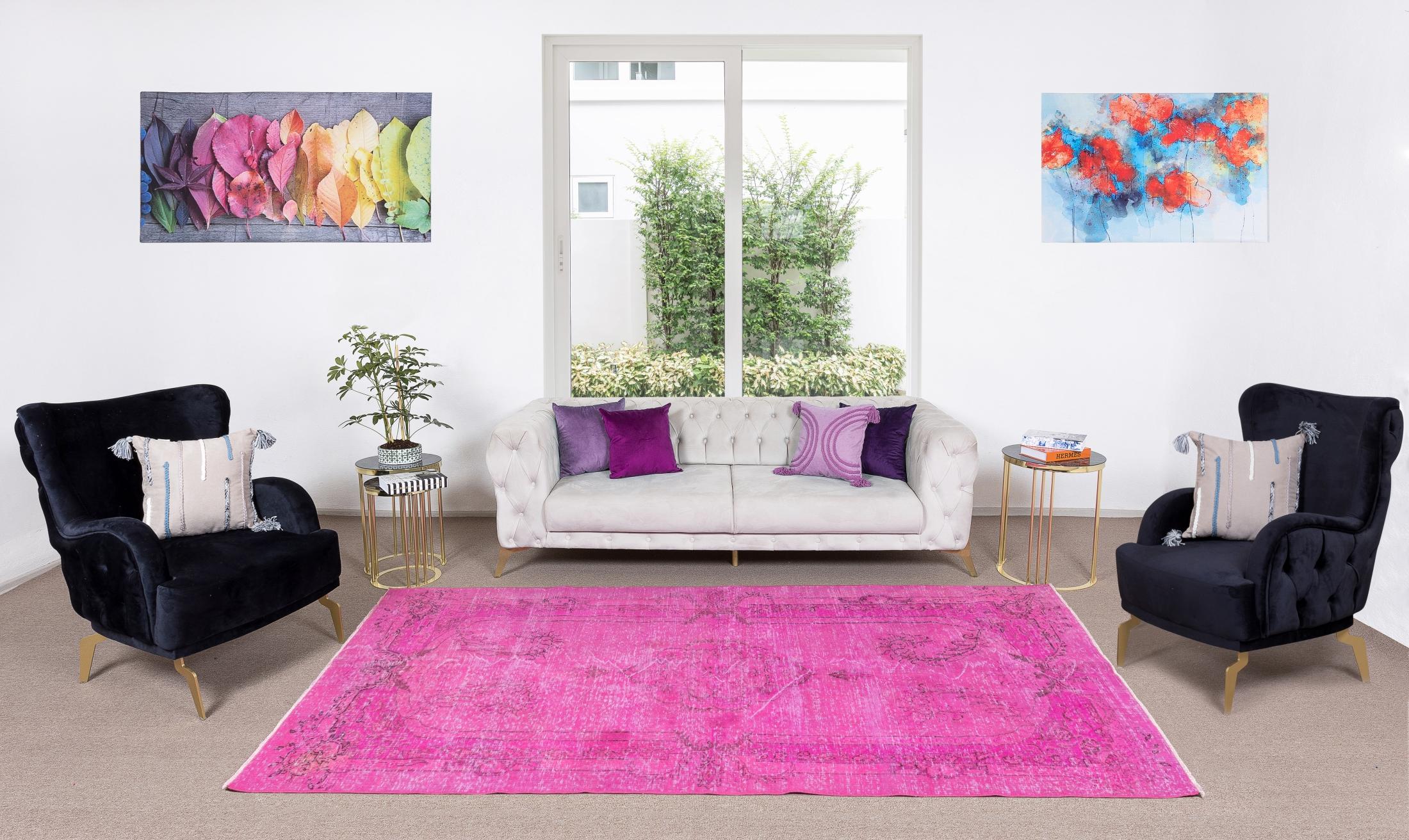 Turkish 6x7.3 ft Modern Home Decor Pink Carpet, Hand Knotted Anatolian Vintage Area Rug For Sale