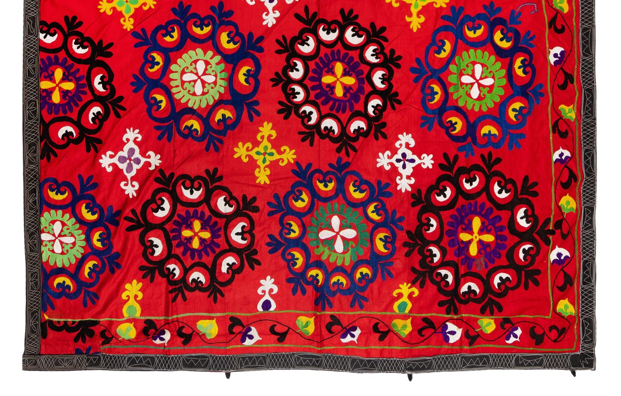 Uzbek 6x7.5 Ft Vintage Silk Embroidered Suzani Bed Cover, Traditional Red Wall Hanging For Sale