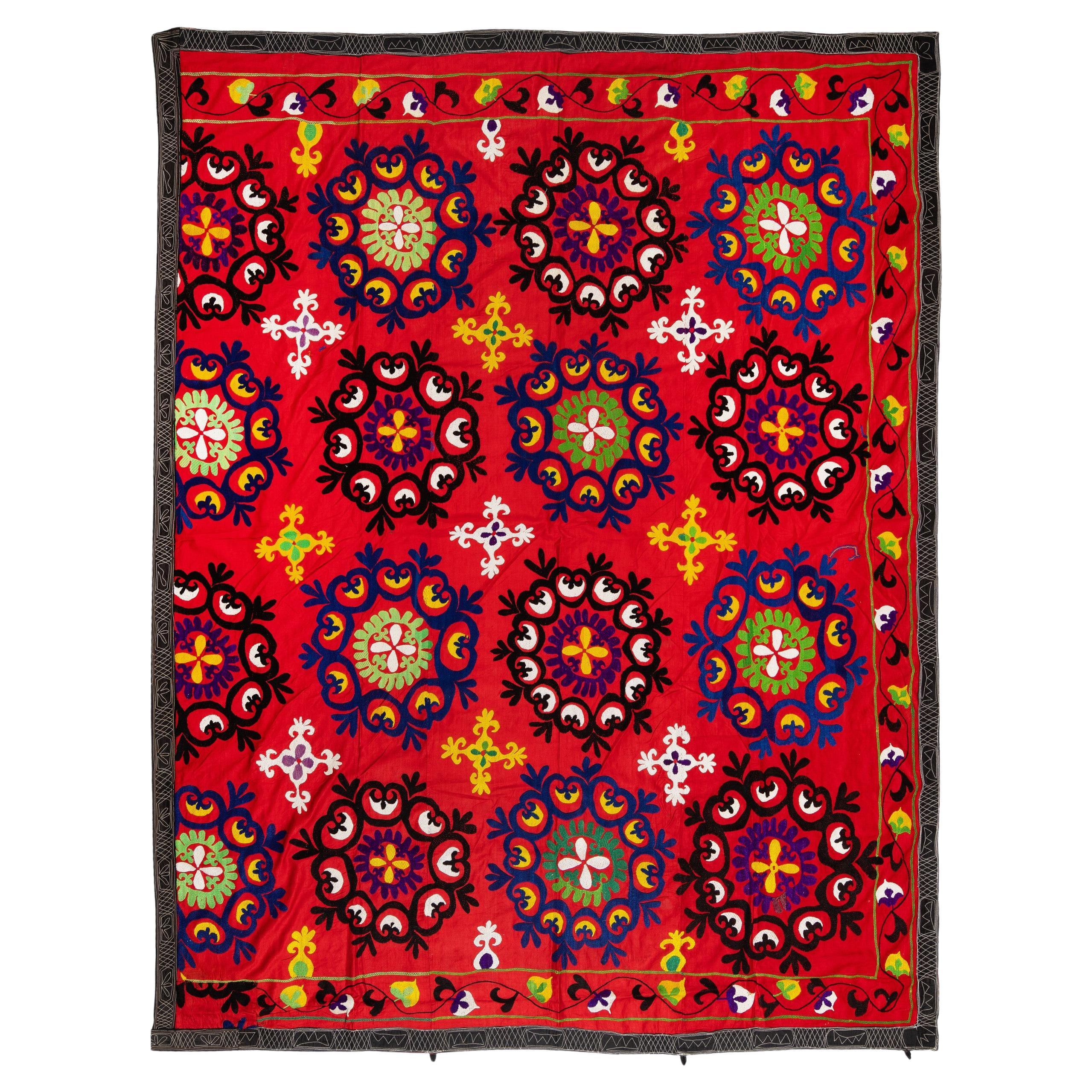 6x7.5 Ft Vintage Silk Embroidered Suzani Bed Cover, Traditional Red Wall Hanging For Sale