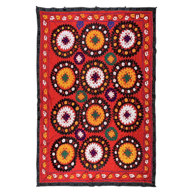 6x7.7 Ft Silk Embroidery Suzani Bedspread. Vintage Asian Wall Hanging