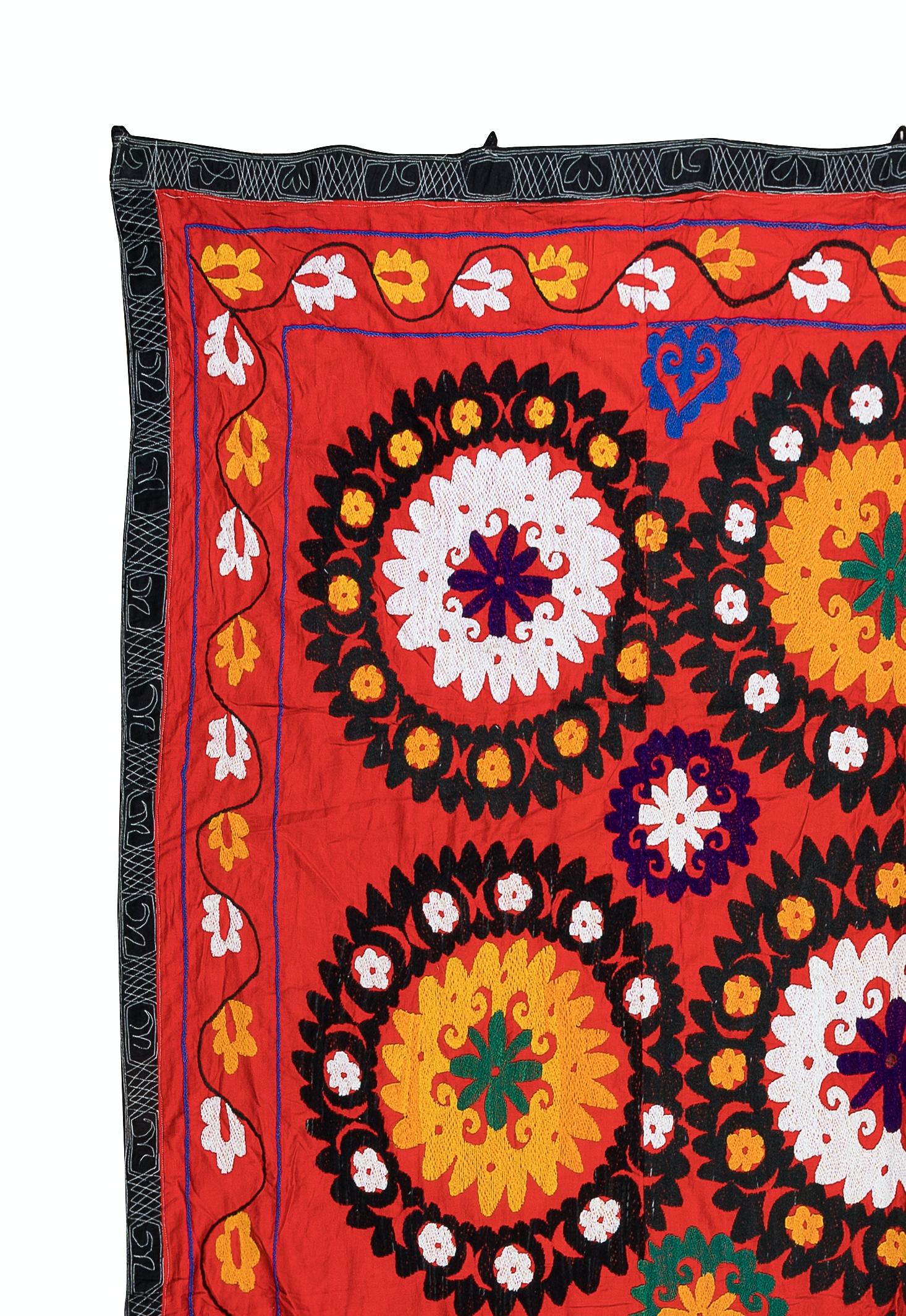 Uzbek 6x7.7 ft Silk Embroidery Suzani Bedspread, Vintage Wall Hanging, Red Tapestry For Sale