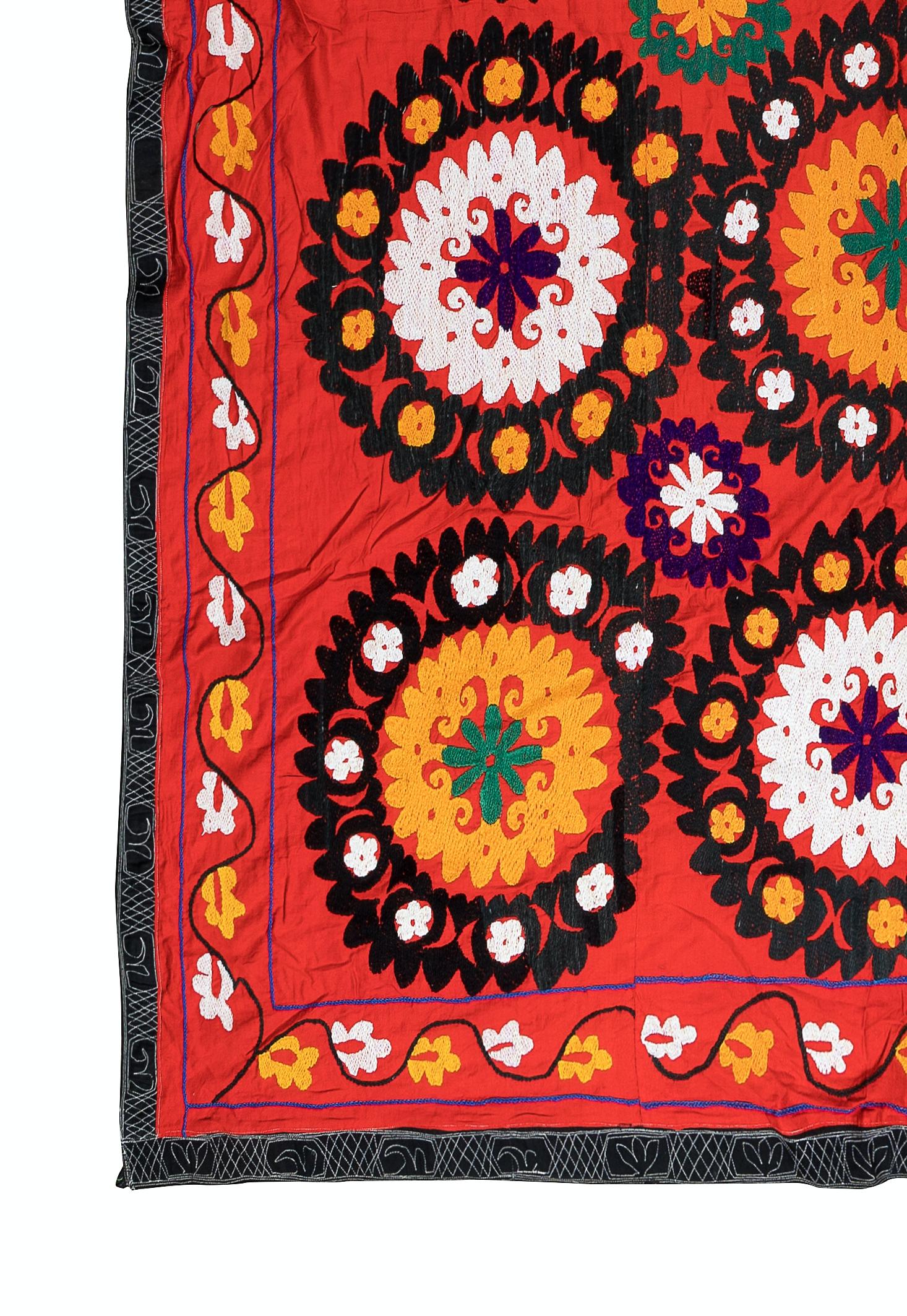 Embroidered 6x7.7 ft Silk Embroidery Suzani Bedspread, Vintage Wall Hanging, Red Tapestry For Sale