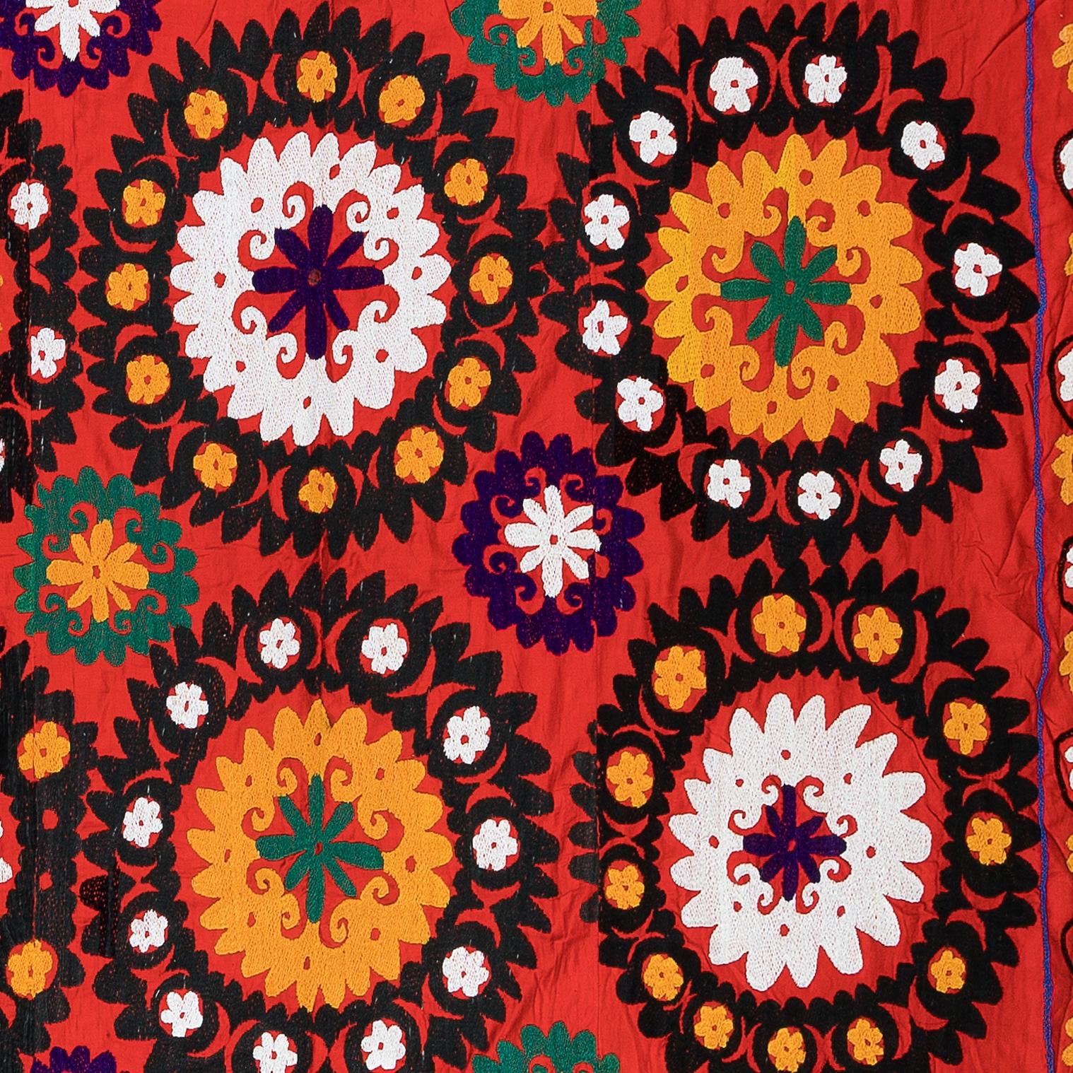 20th Century 6x7.7 ft Silk Embroidery Suzani Bedspread, Vintage Wall Hanging, Red Tapestry For Sale