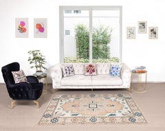 6x7.7 Ft Vintage Handknotted Turkish Geometric Wool Rug in Peach, Sage and Ivory