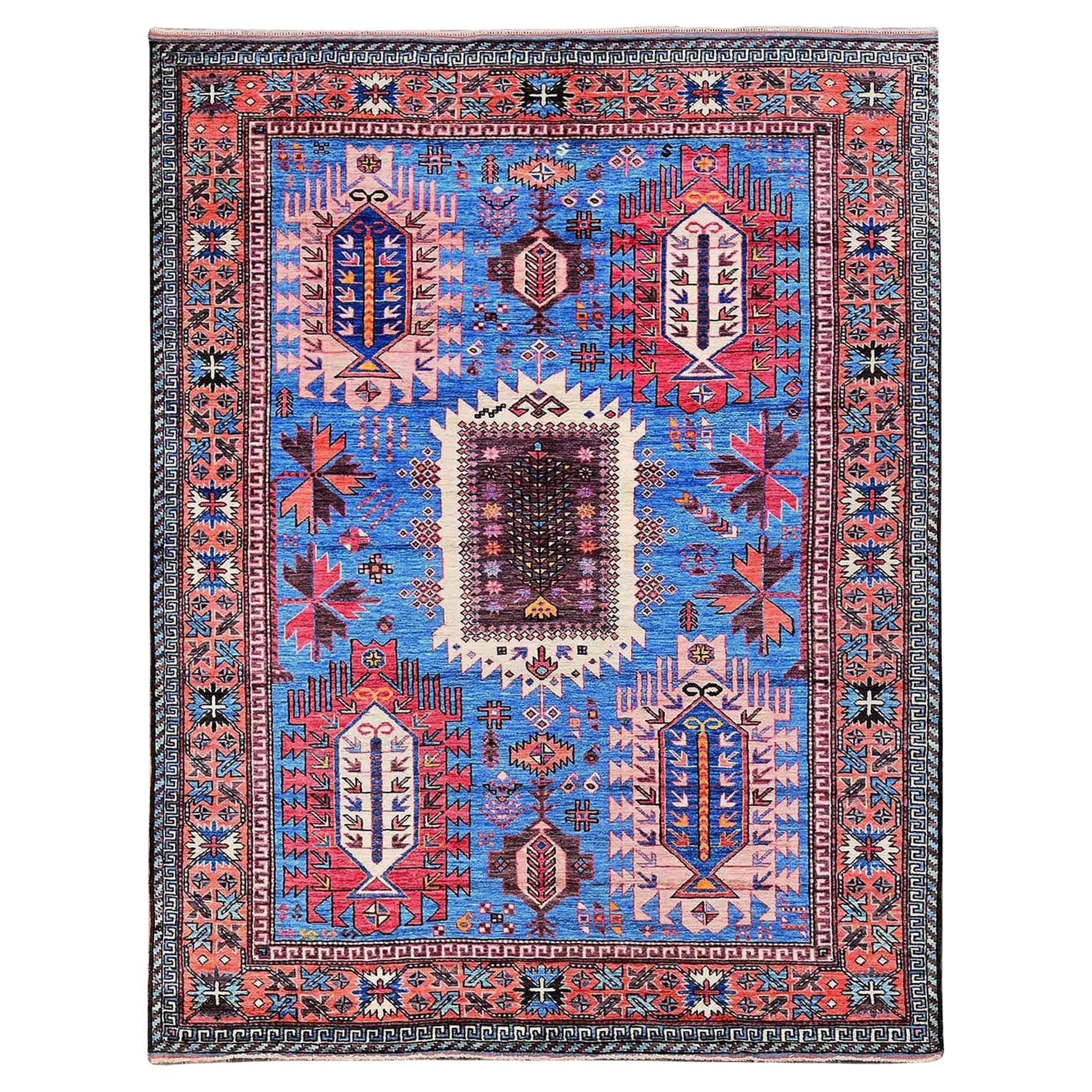 6'x7'8" Blue Afghan Ersari with Caucasian Design Revival Hand Knotted Wool Rug