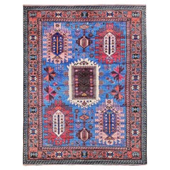 6'x7'8" Blue Afghan Ersari with Caucasian Design Revival Hand Knotted Wool Rug