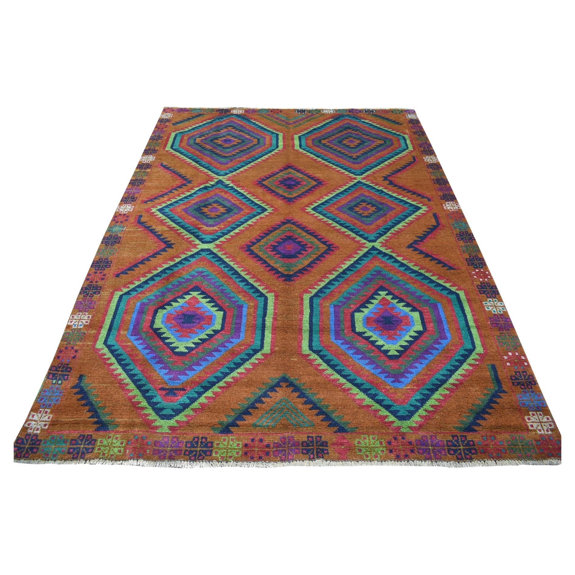 6'x8' Brown Colorful Afghan Baluch Hand Knotted Geometric Design Pure Wool Rug