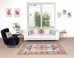 6x8 Ft Vintage Hand-Knotted Turkish Geometric Wool Rug in Coral, Ivory and Teal