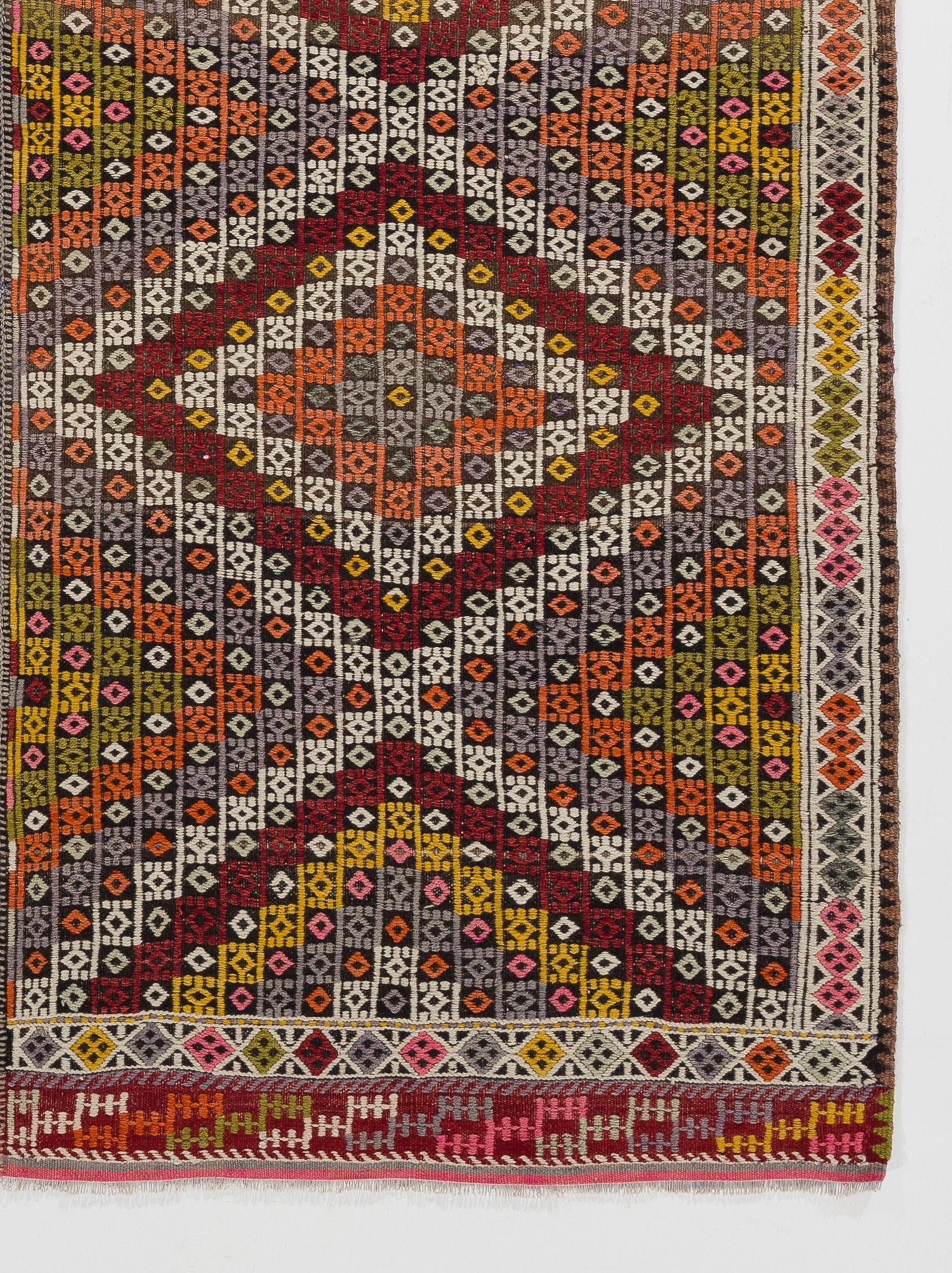 Wool 6x8 Ft Multicolored Hand-Woven Turkish Jijim Kilim. Vintage Geometric Design Rug For Sale