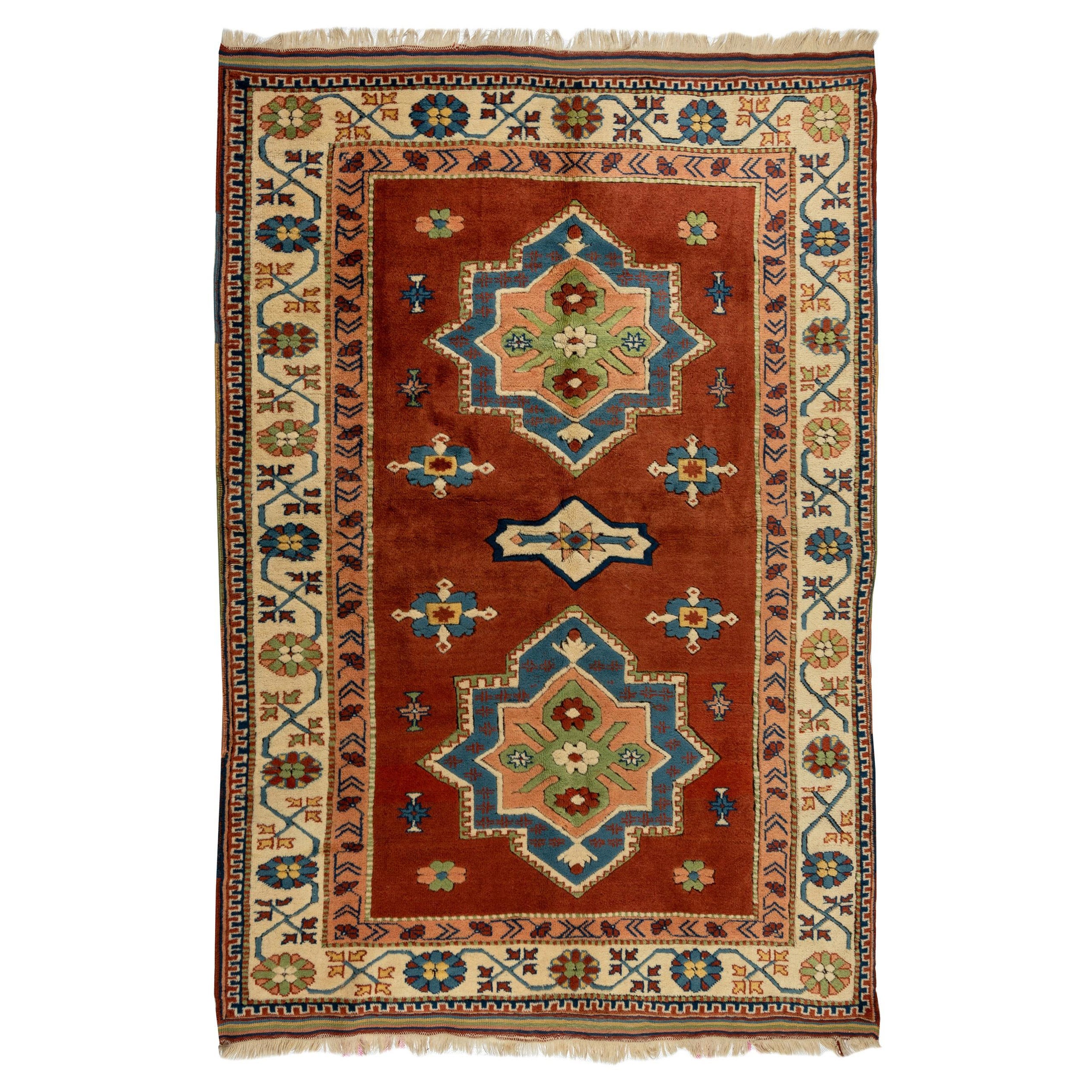 6x8 Ft New Hand Made Turkish Area Rug in Red & Beige. All Wool, Soft Medium Pile
