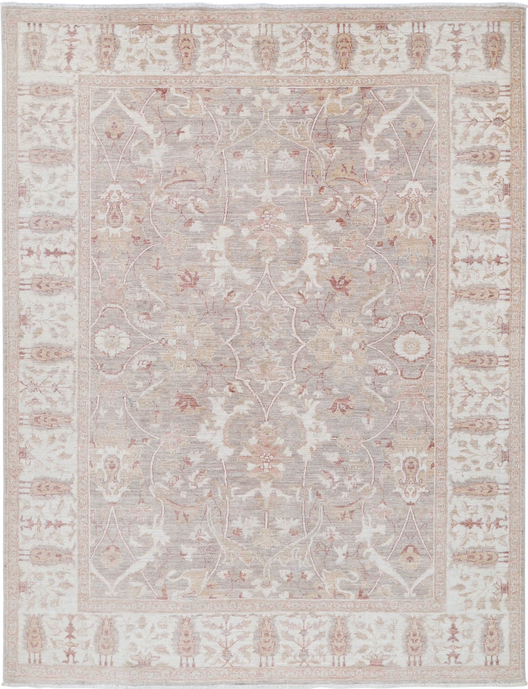 6x8 ft Traditional Handknotted Beige, Blush, Taupe Wool Rug with Floral Design