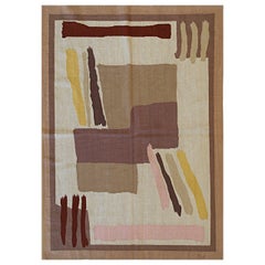 6x8 Ivory Flat Weave Wool Brushstroke Blocks Vintage Mid Century Carpet Rug