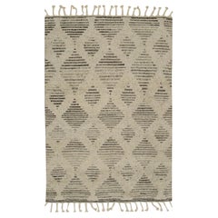 6x8 Ivory Hand-Knotted Wool Linear Diamond Motif Modernist Carpet Rug