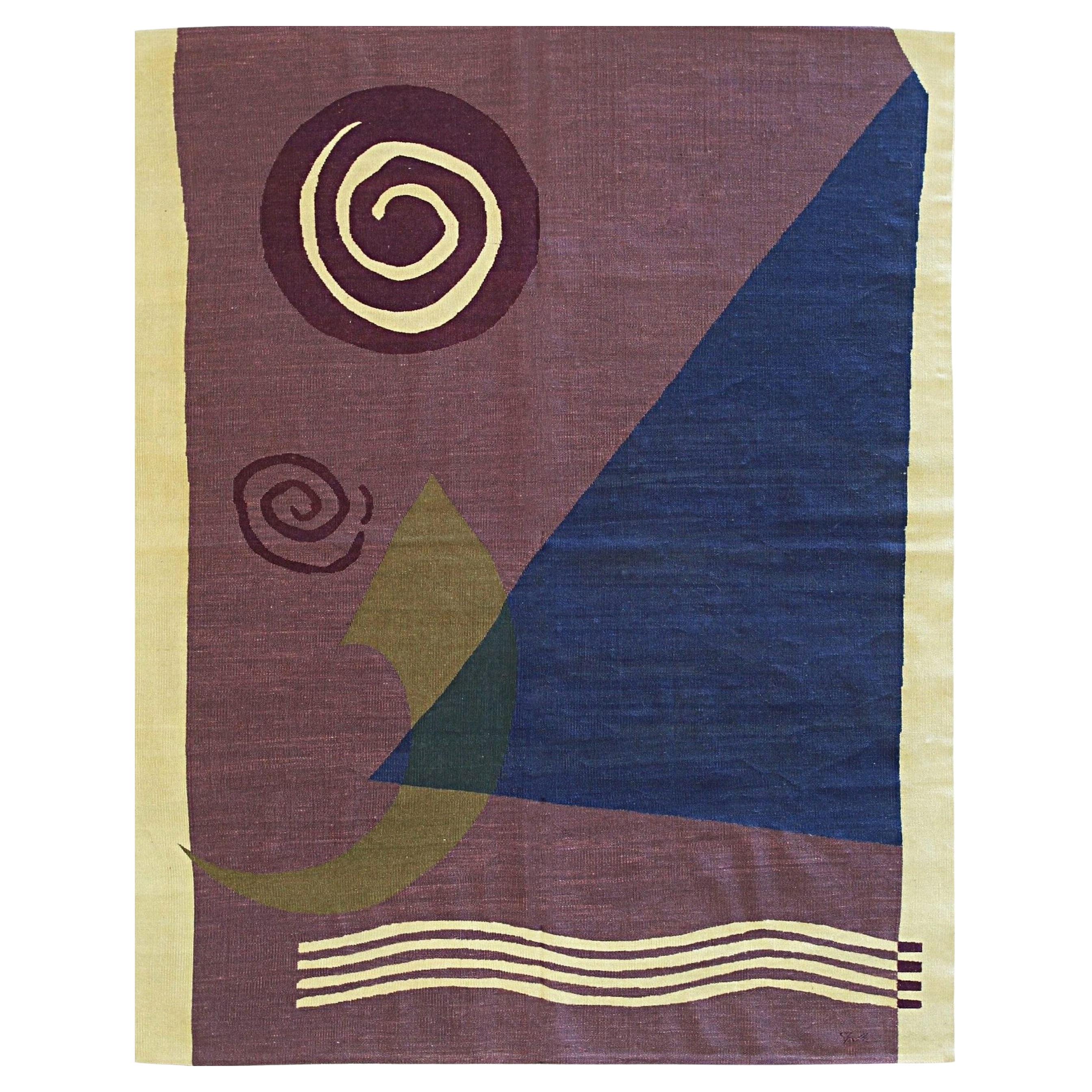 6x8 Purple Flat Weave Wool Geometric Abstraction Vintage Mid Century Carpet Rug
