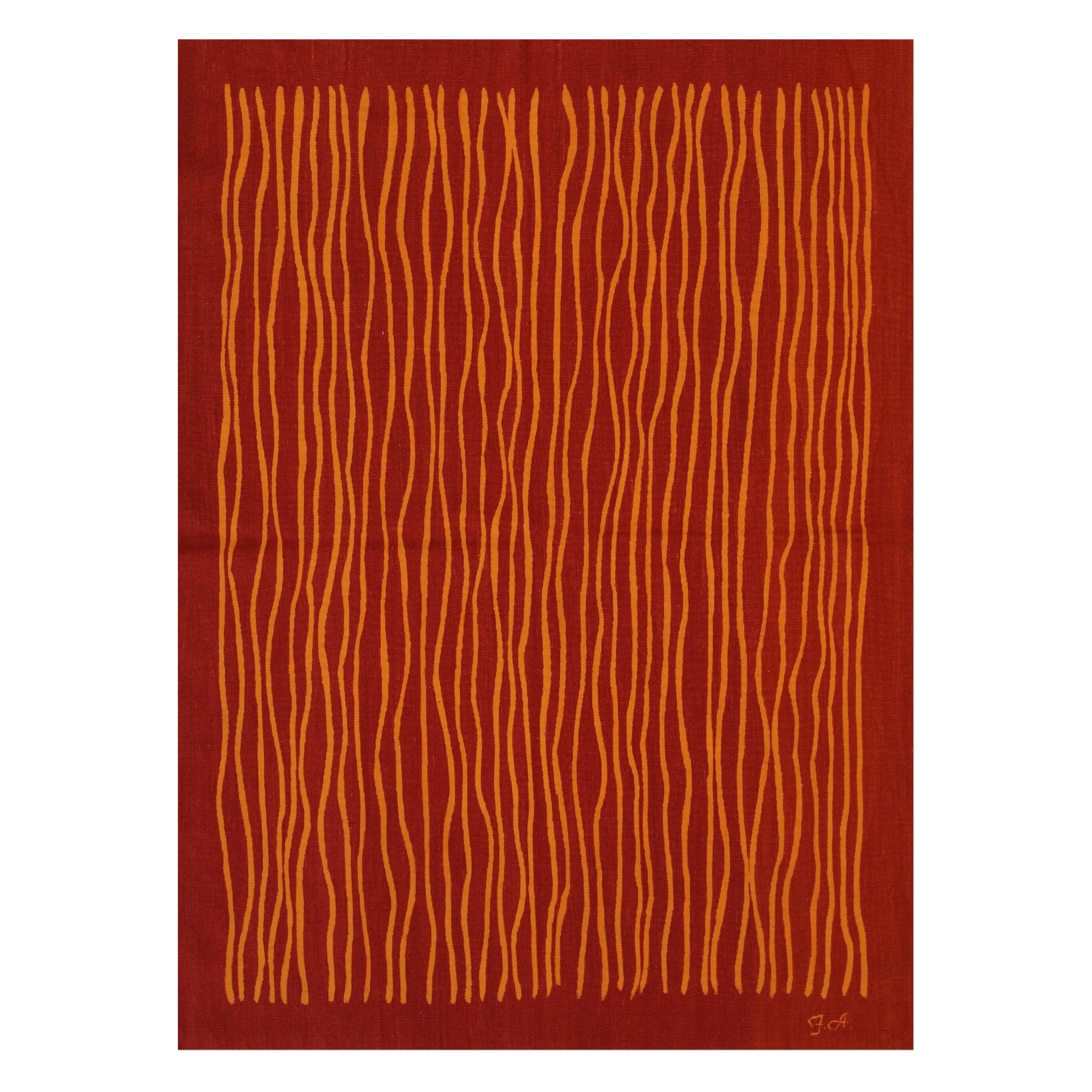 6x8 Red Flat Weave Wool Wavy Ochre Lines Geometric Modern Carpet Rug For Sale