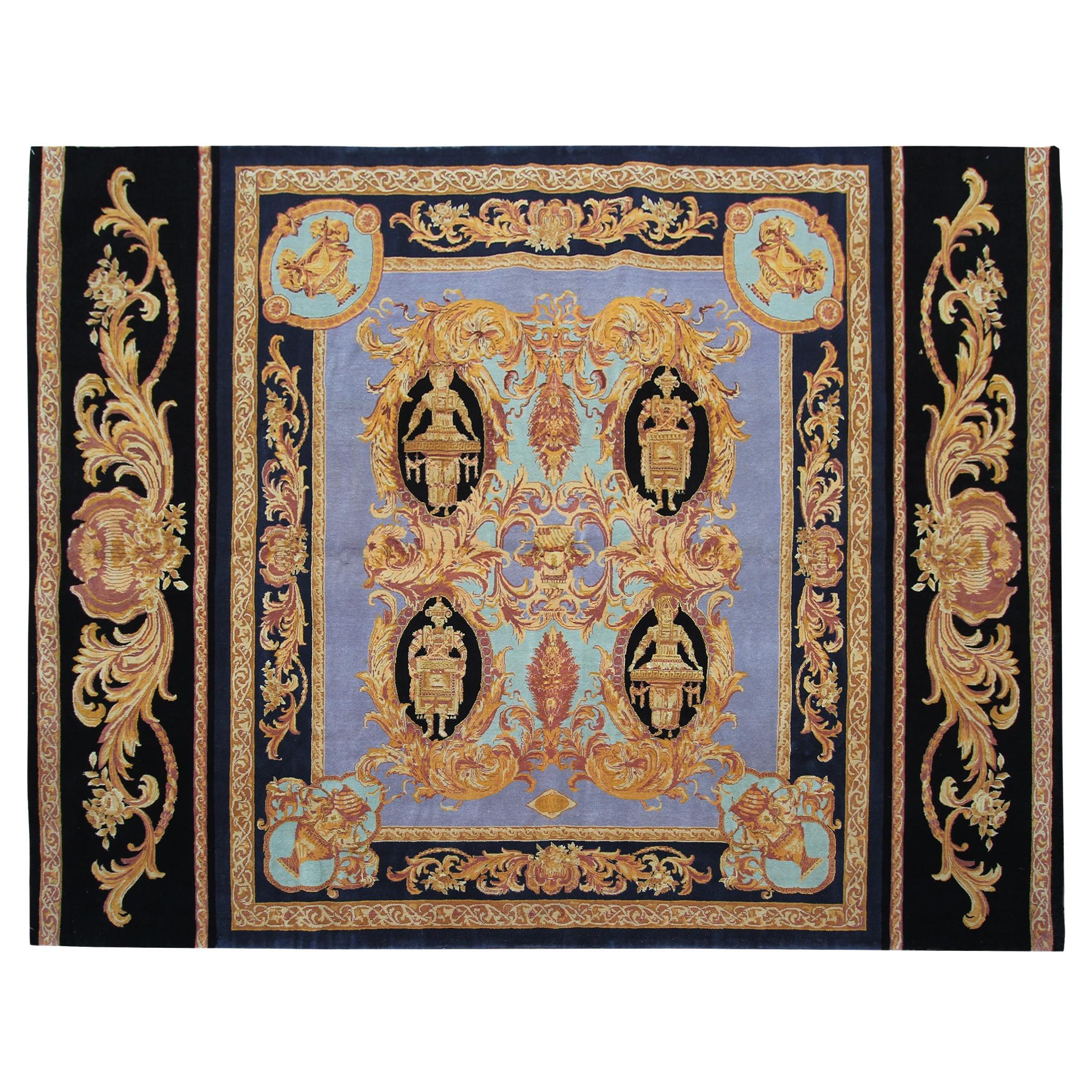 Tapis vintage en laine et soie de style Versace, motif baroque, 6x8, 173x239 cm, fabriqué à la main, vers 1980