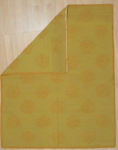 Tappeto moderno in lana a trama piatta 6x8, giallo, con motivi geometrici e rosette stilizzate in stile kilim
