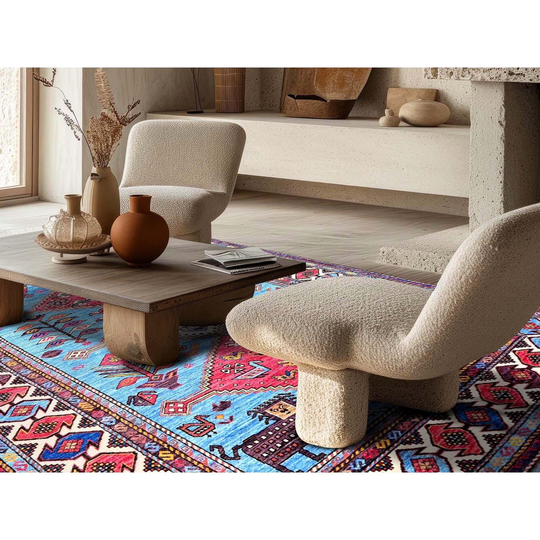 Azul maya, Ersari afgano con nudo turco, Renacimiento del diseño caucásico, Figuras de pájaros y leones, Tintes vegetales, Anudada a mano, Lana suave, Alfombra oriental
Materiales primarios: Lana
Látex: Sin pelo 
altura: 0,25 Pulgadas
Estilo: