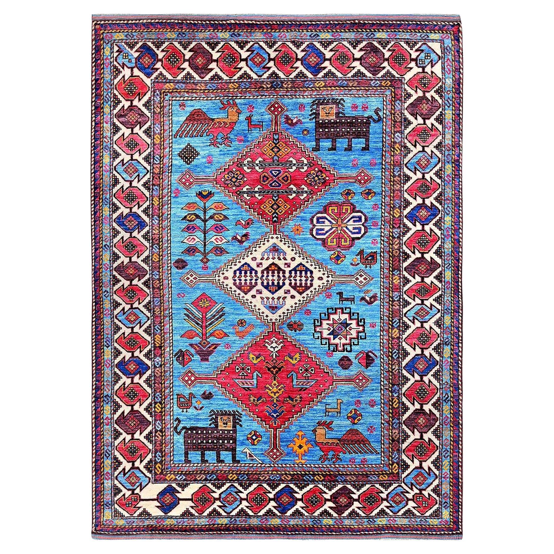6'x8'1" Blue Afghan Ersari with Caucasian Design Revival Hand Knotted Wool Rug